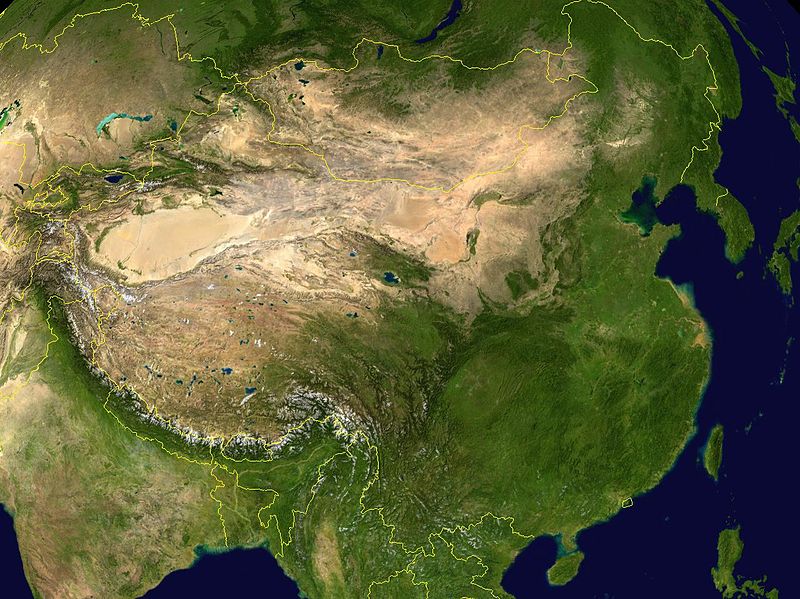 Topografía de China en una imagen de satélite.