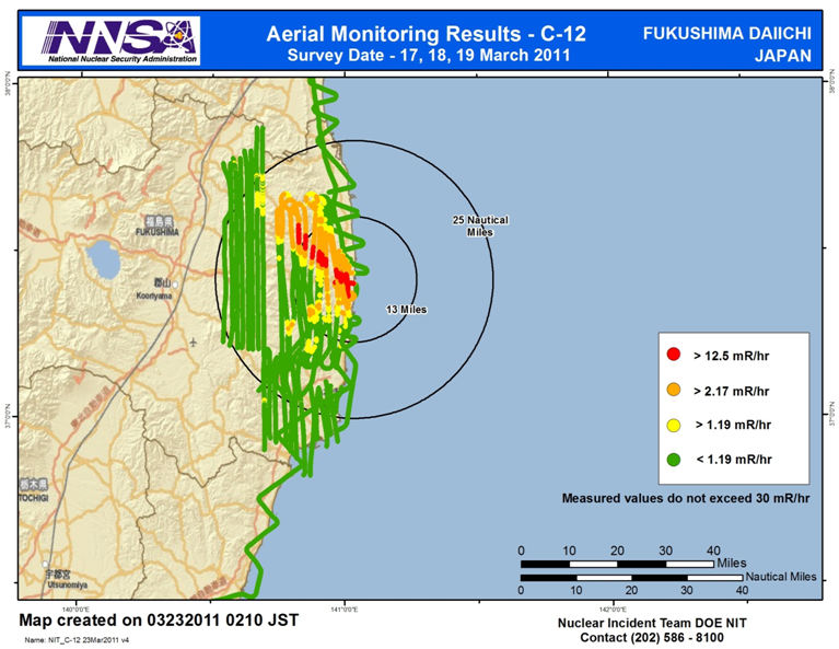 Niveles de radiación en Fukushima detectados por la NNSA el 22 de marzo de 2011.