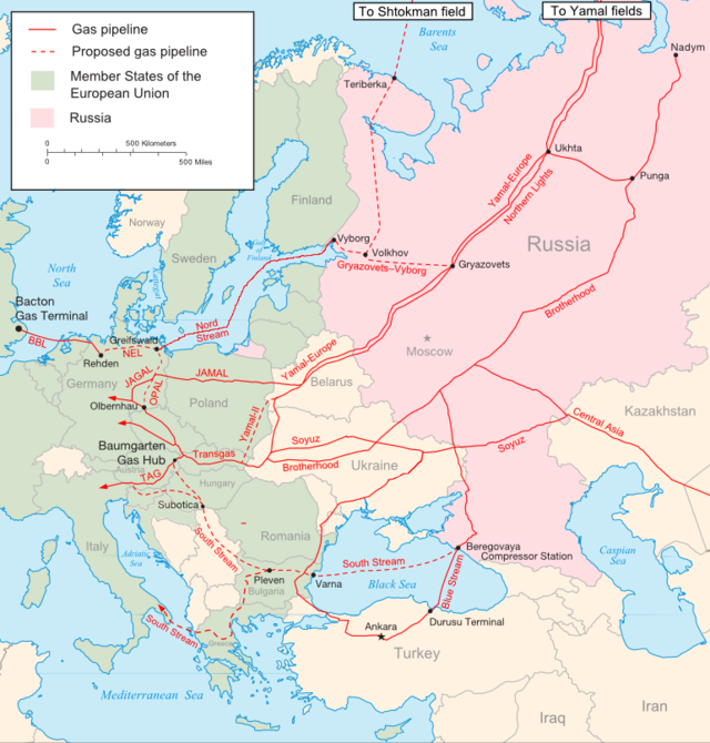 Mapa general de los gasoductos que unen Rusia con la Unión Europea